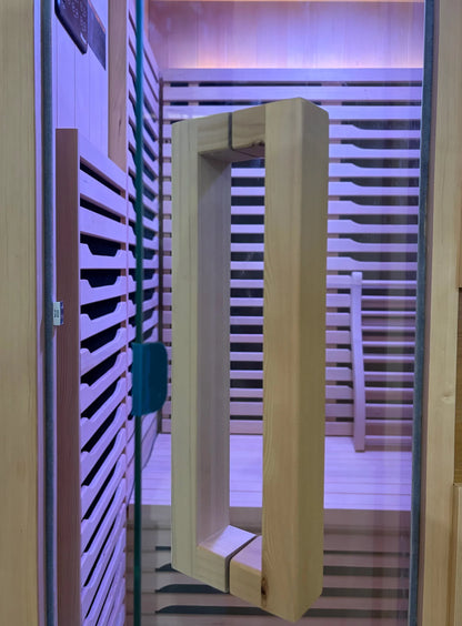 Blisspod wooden sauna purple lighting focused view