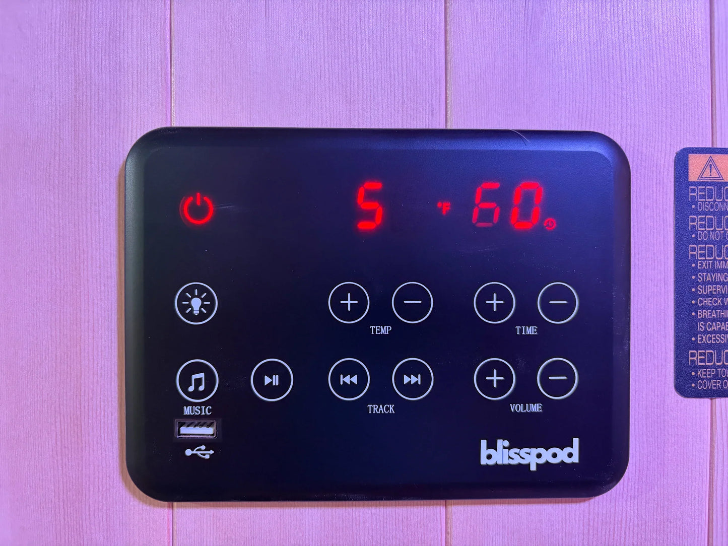 Blisspod wooden sauna temperature panel view