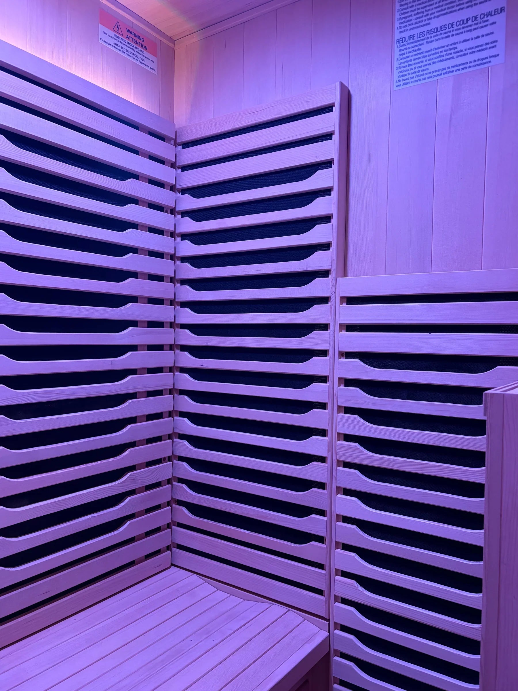 Blisspod wooden sauna purple lighting interior view