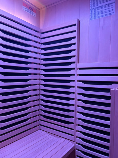 Blisspod wooden sauna purple lighting interior view