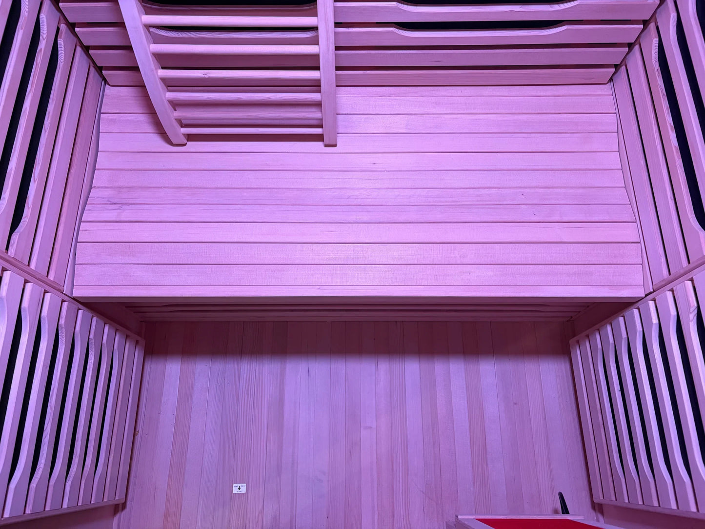 Blisspod wooden sauna purple lighting interview view alternate2