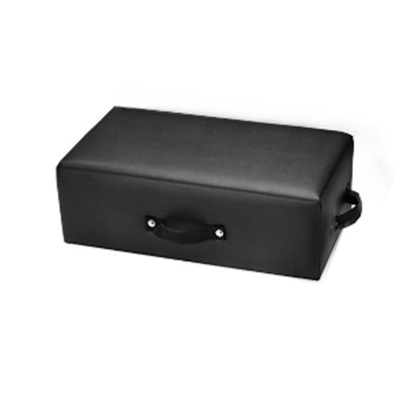 Black rectangular cushion with a handle on a white background
