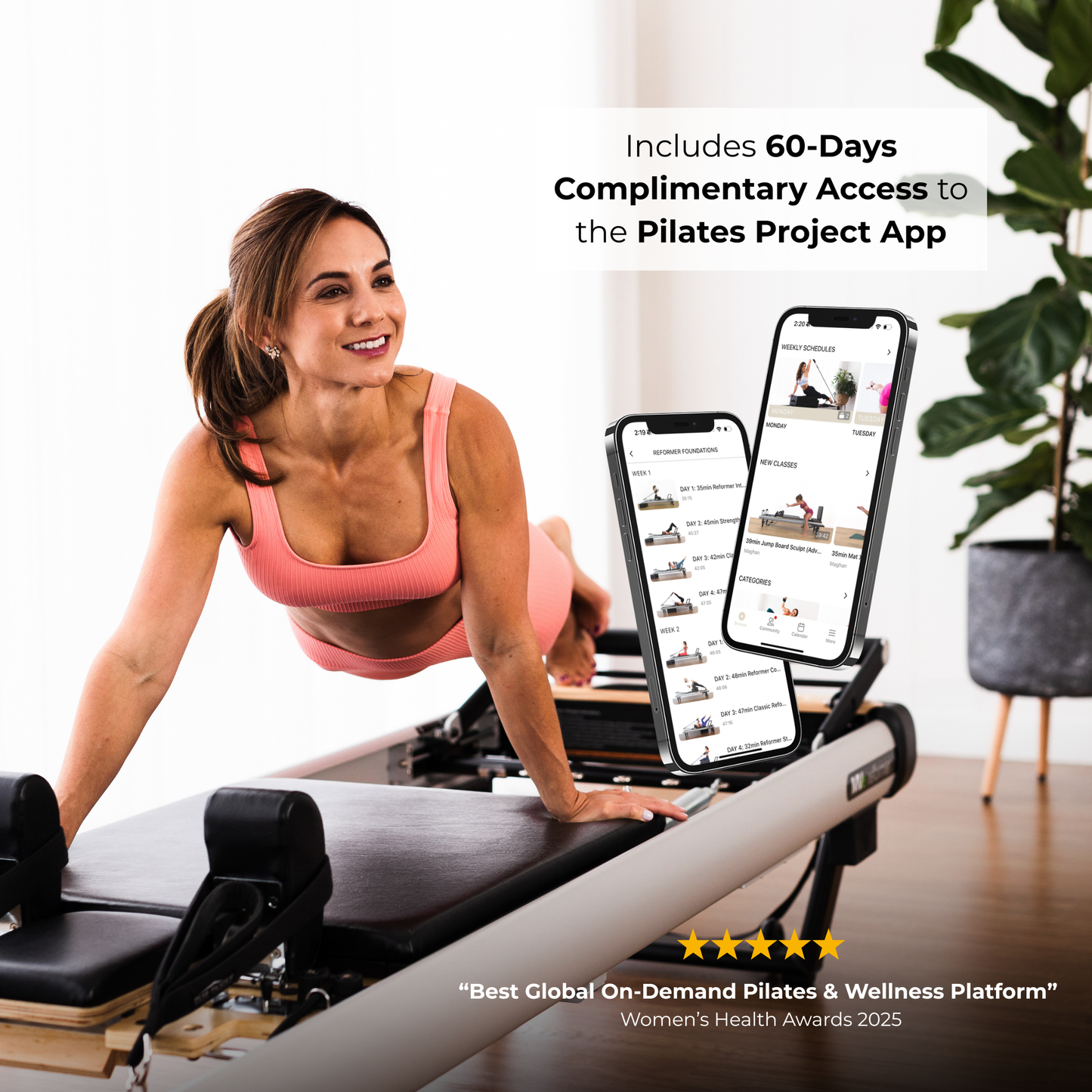 Woman using a Pilates reformer with Pilates Project app on screens, indoor setting.