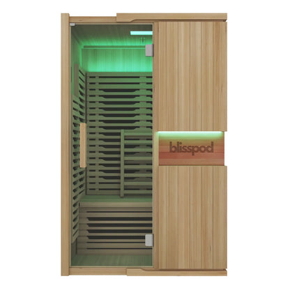 Blisspod wooden sauna green lighting front view alternate1