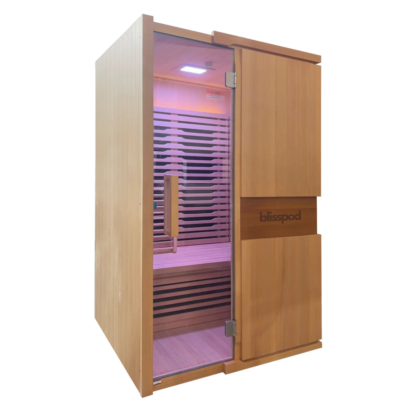 Blisspod wooden sauna front view purple lighting alternate1