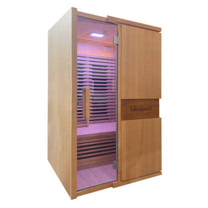 Blisspod wooden sauna front view purple lighting alternate1