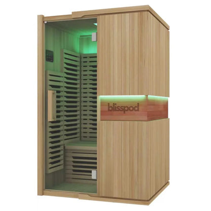 Blisspod wooden sauna green lighting front view