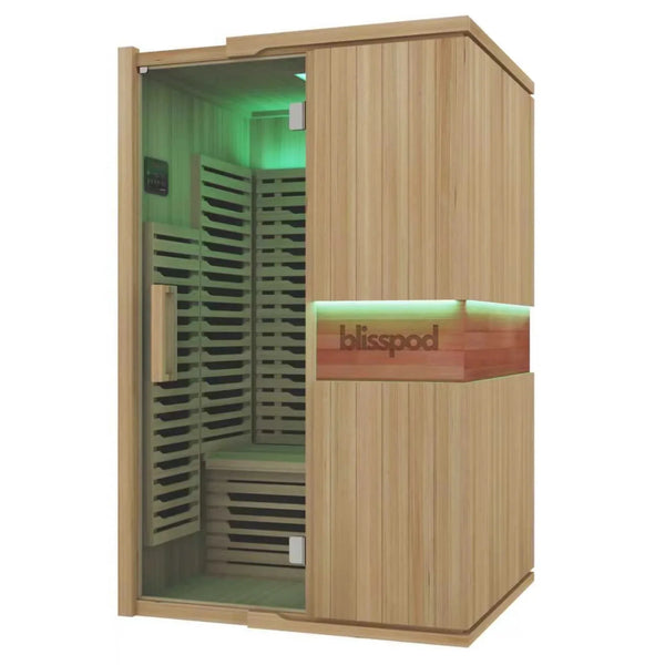 Blisspod wooden sauna green lighting front view