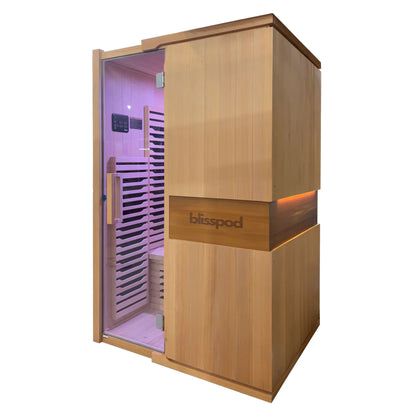 Blisspod wooden sauna front view purple lighting alternate2