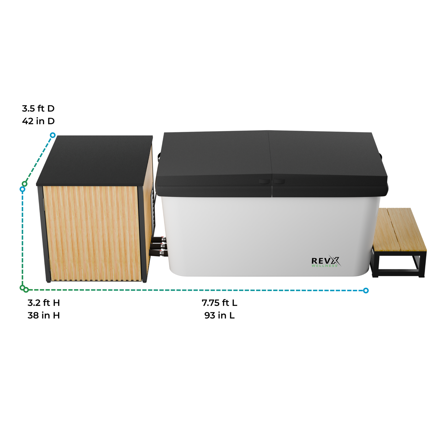 Dimensions of the white cold plunge tub with chiller and filtration system 