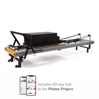 pilates reformer image with mobile app inset about a trial membership