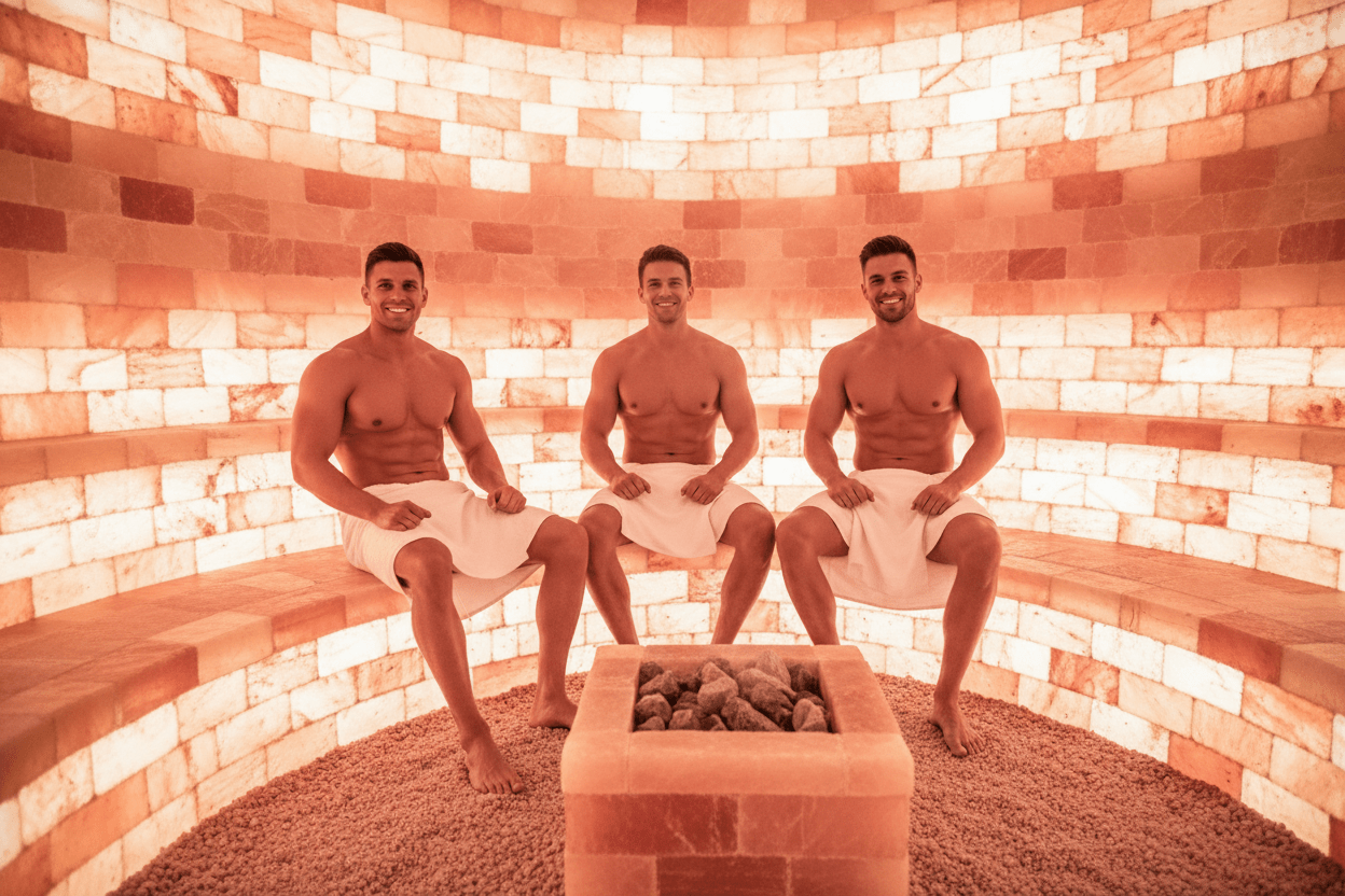 Three men sitting in a salt room with a warm glow.