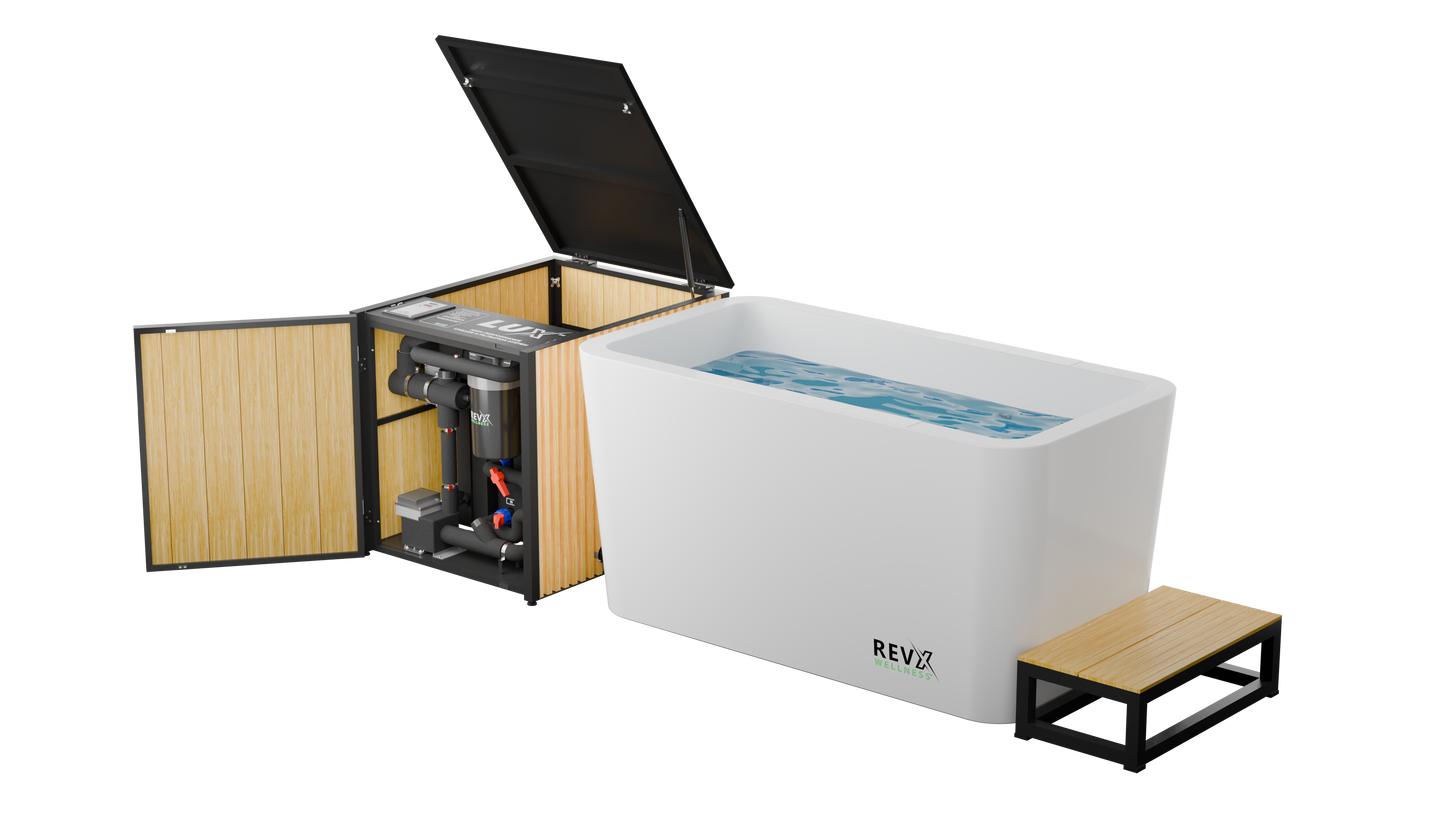 White cold plunge tub with chiller and filtration system
